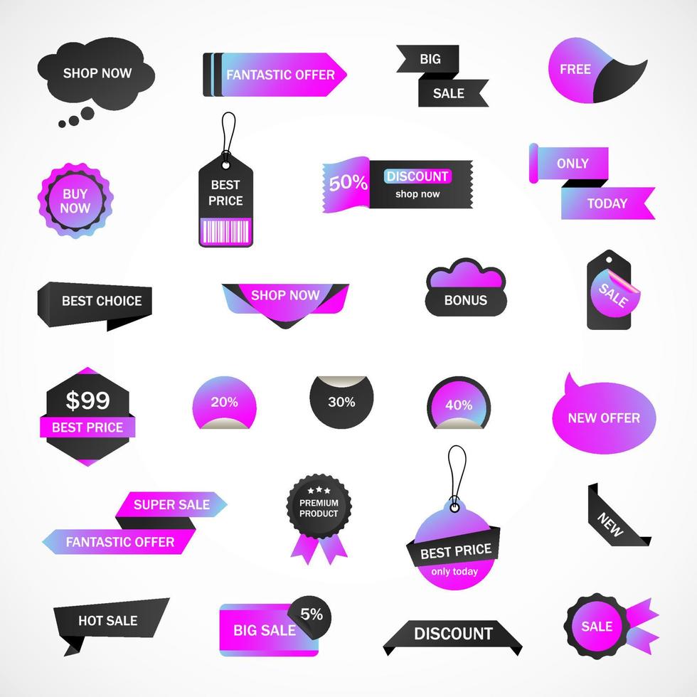 vectorstickers, prijskaartje, banner, etiket. couponverkoop, aanbiedingen en promoties vectorsjabloon. winkel prijskaartje, detailhandel, handel, zaken. set van tekstballonnen vector