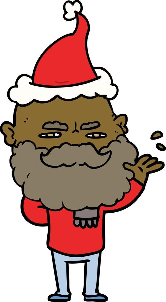 lijntekening van een minachtende man met fronsende baard en een kerstmuts vector