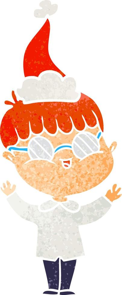 retro cartoon van een jongen die een bril draagt met een kerstmuts vector