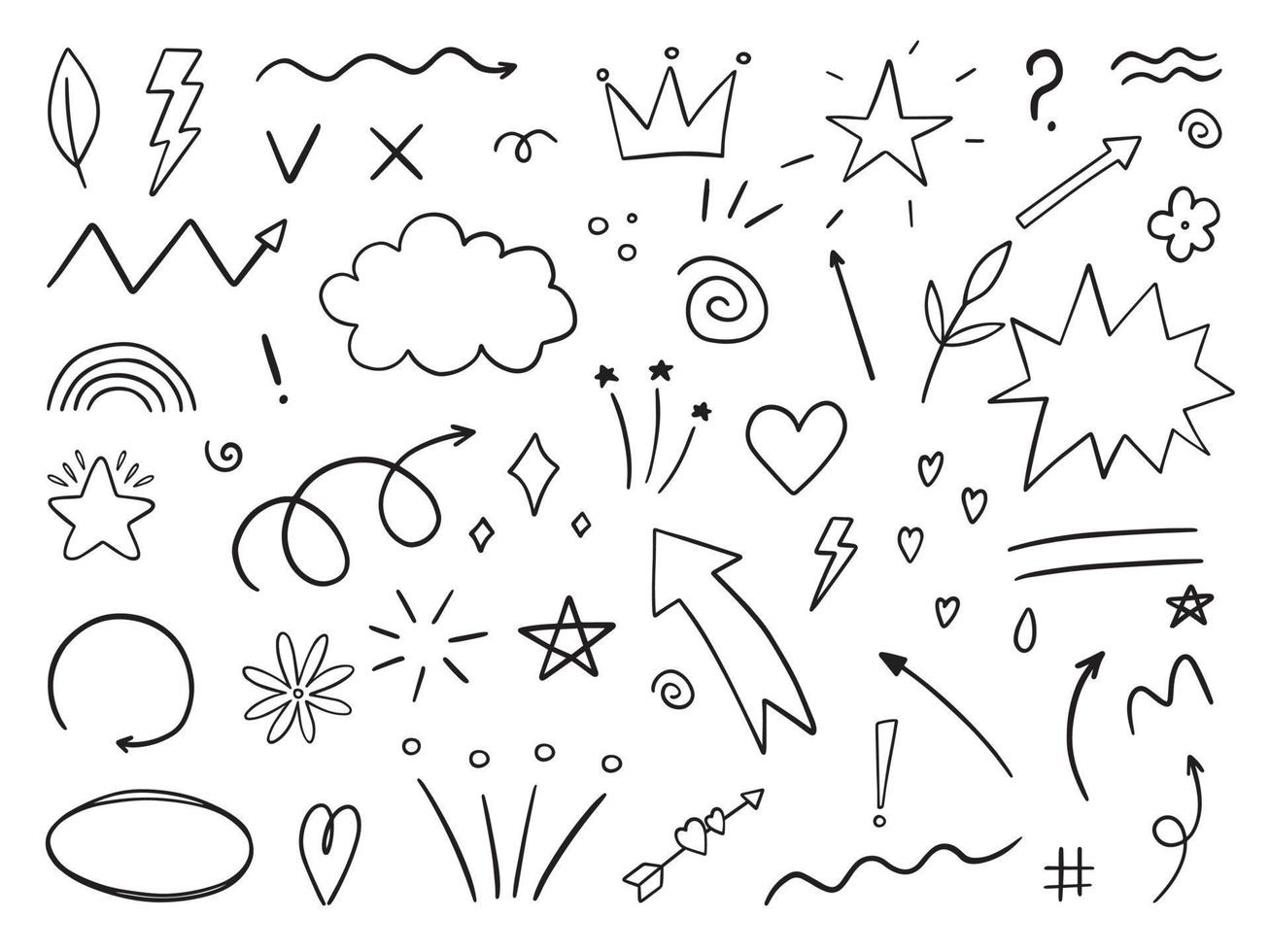 hand- getrokken reeks van abstract tekening elementen. pijlen, hart, ster, kroon, tekens en symbolen vector illustratie geïsoleerd Aan wit achtergrond