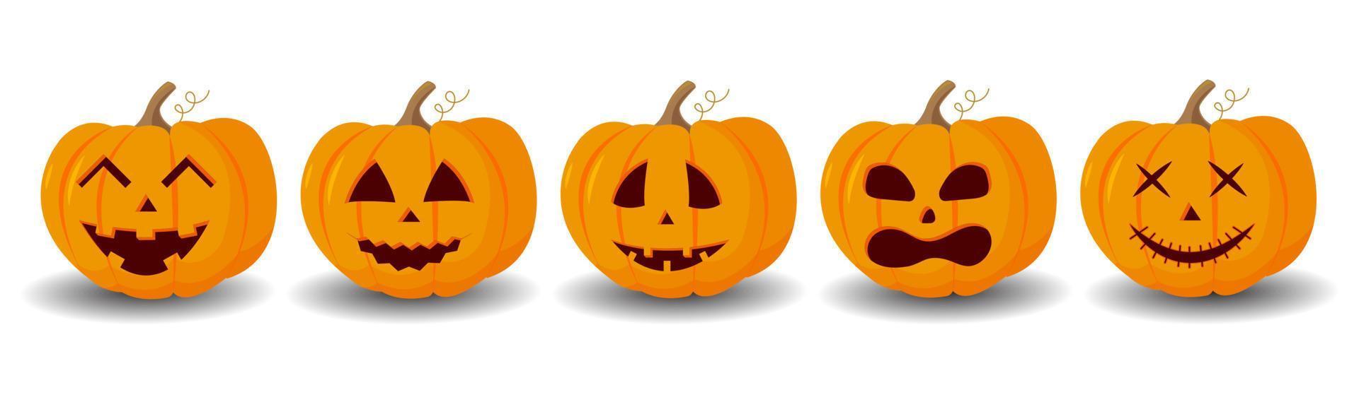 reeks pompoen Aan een wit achtergrond. oranje pompoen met een glimlach voor uw halloween ontwerp. vector illustratie.