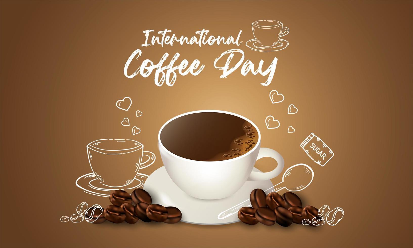 Internationale dag van koffie achtergrond met hand- getrokken en realistisch illustratie vector