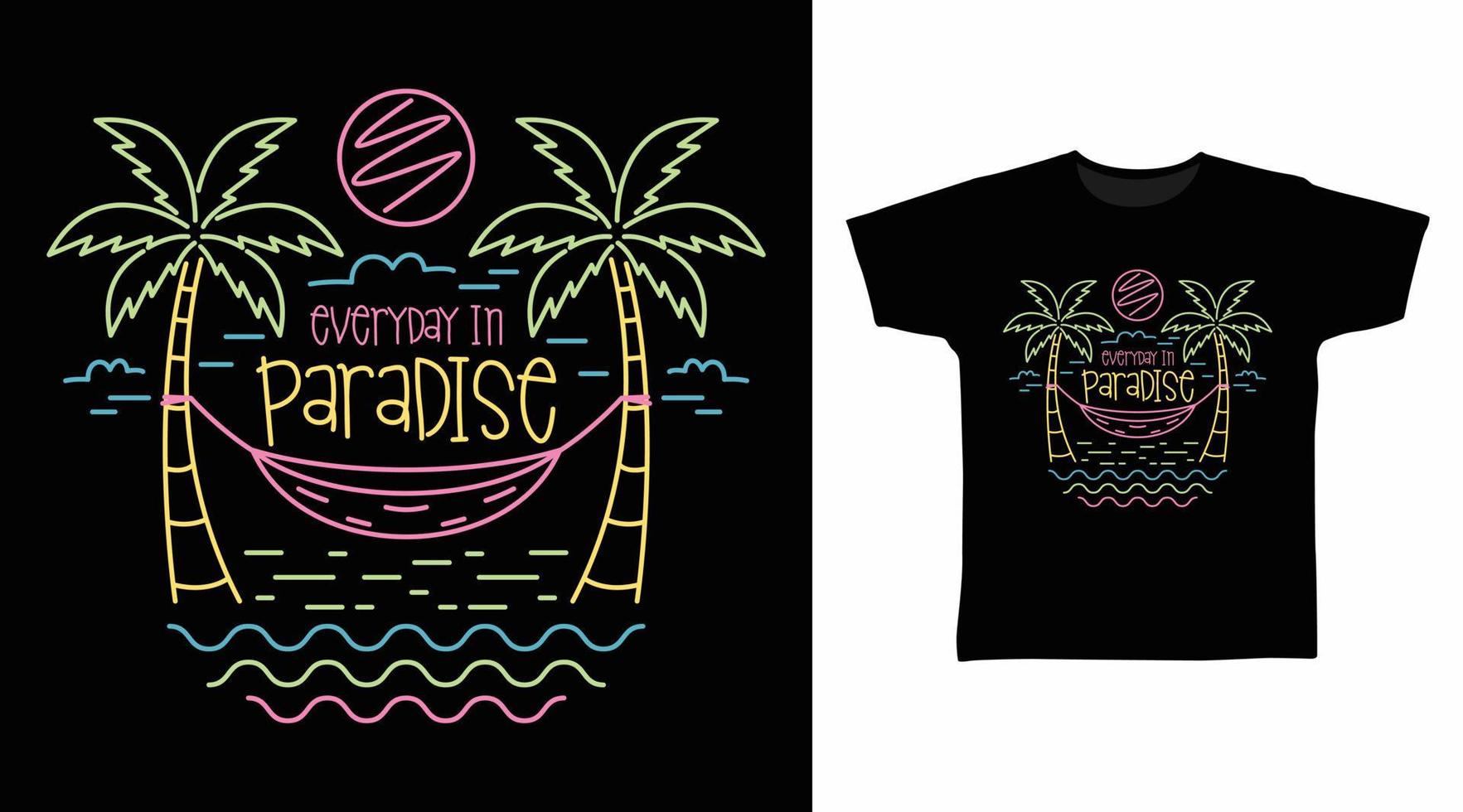 paradijs strand hand- tekening neon kleuren vector met palm boom illustratie klaar voor afdrukken Aan T-stukken.