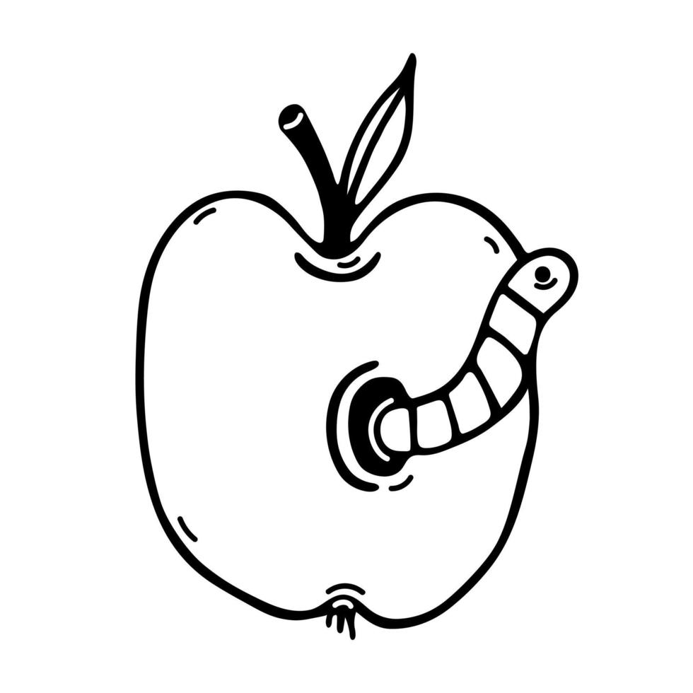 worm in vers appel vector icoon. grappig rups- eet een zoet fruit. hand- getrokken tekening geïsoleerd Aan wit achtergrond. tuin insect plaag. gemakkelijk tekenfilm clip art voor affiches, afdrukken, logo, appjes, web