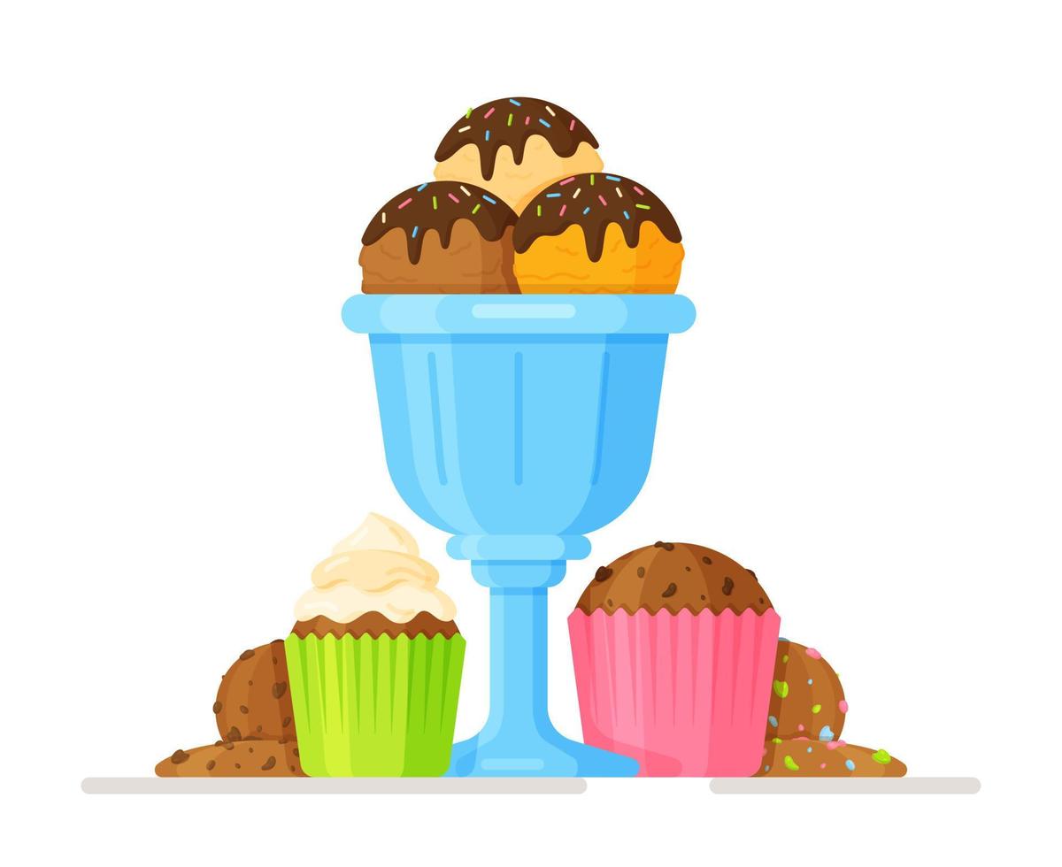 zoete vector illustratie van een zoet concept bestaande van ijs room in een blauw glas, cupcakes, koekjes.