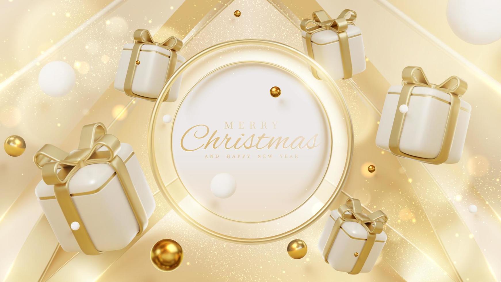 Kerstmis achtergrond met gouden cirkel kader en geschenk doos decoratie en sprankelend licht elementen en bokeh. vector