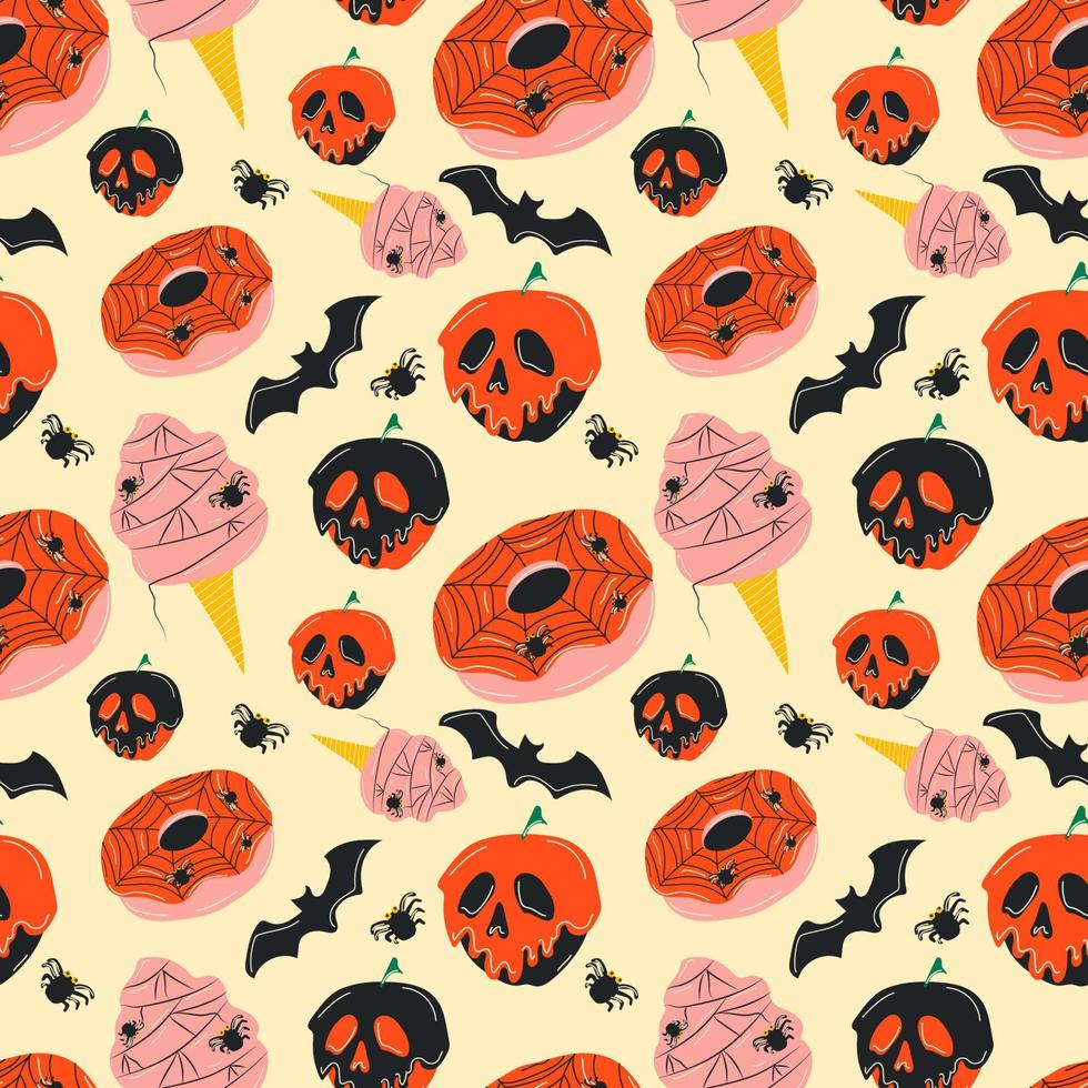 naadloos patroon met schattig halloween cupcakes, ijs room, donut tekenfilm karakters. vector