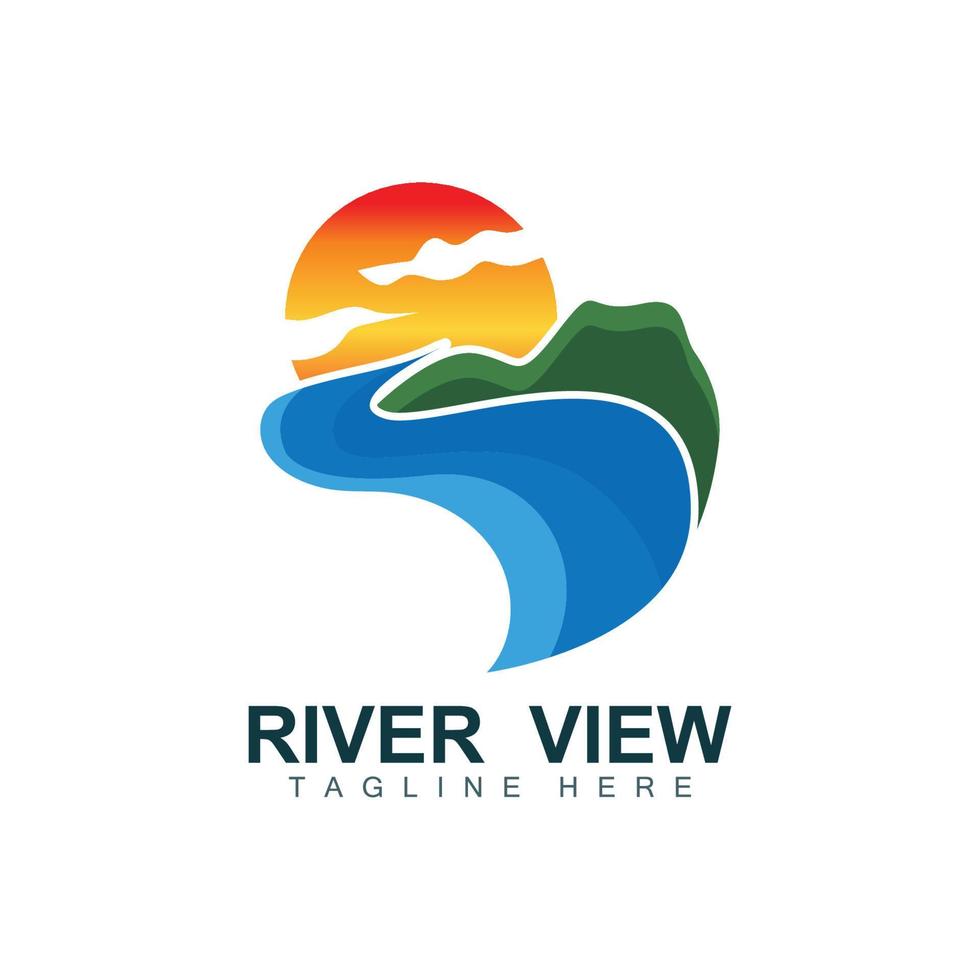 rivier- logo ontwerp, rivier- kreek vector, rivieroever illustratie met een combinatie van bergen en natuur, Product merk vector