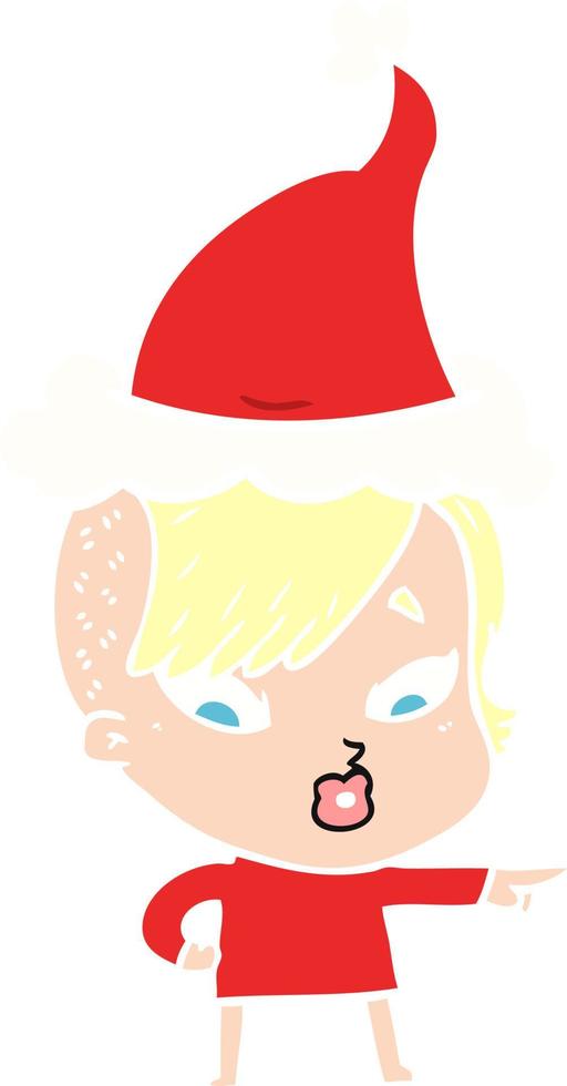 vlak kleur illustratie van een verrast meisje richten vervelend de kerstman hoed vector