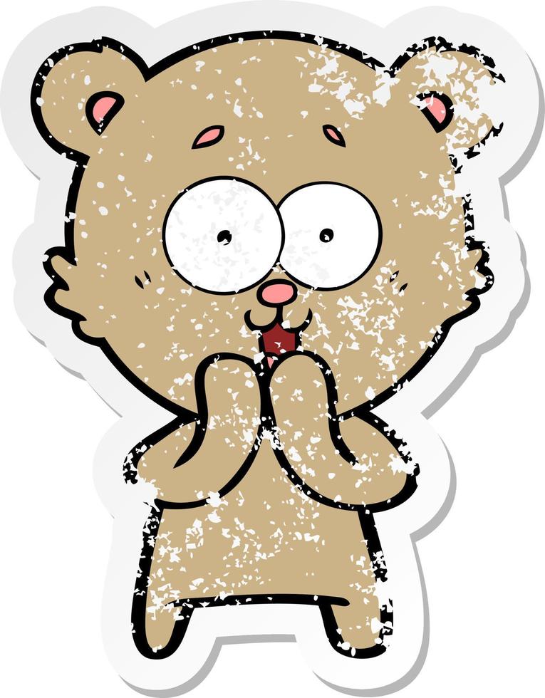 verontruste sticker van een cartoon van een lachende teddybeer vector