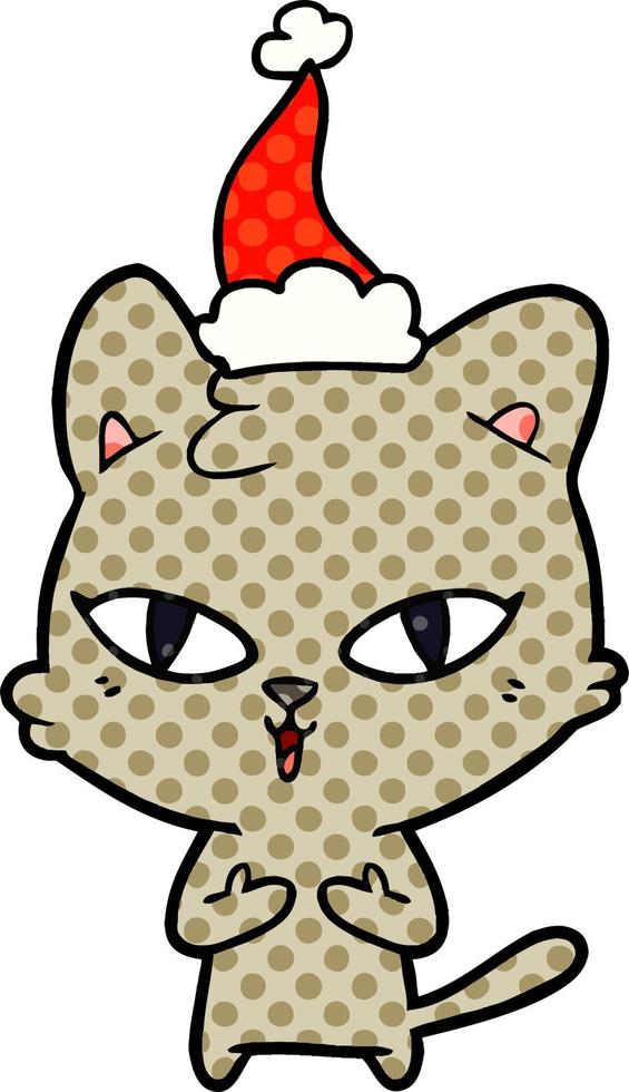 stripboekstijlillustratie van een kat die een kerstmuts draagt vector