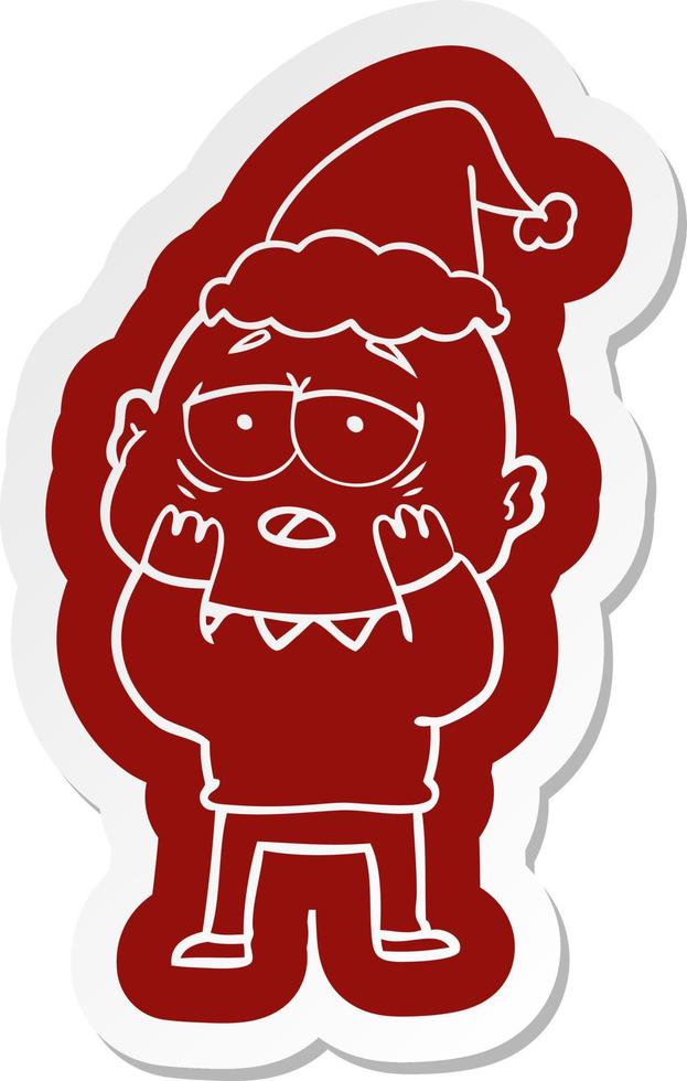 tekenfilmsticker van een vermoeide kale man met een kerstmuts vector