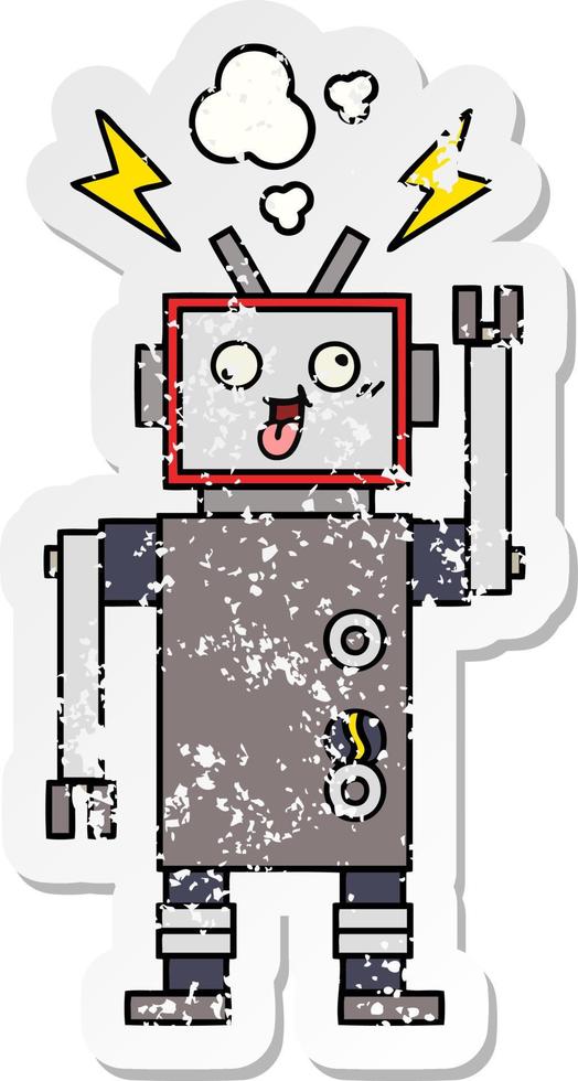 verontruste sticker van een schattige cartoon gekke gebroken robot vector