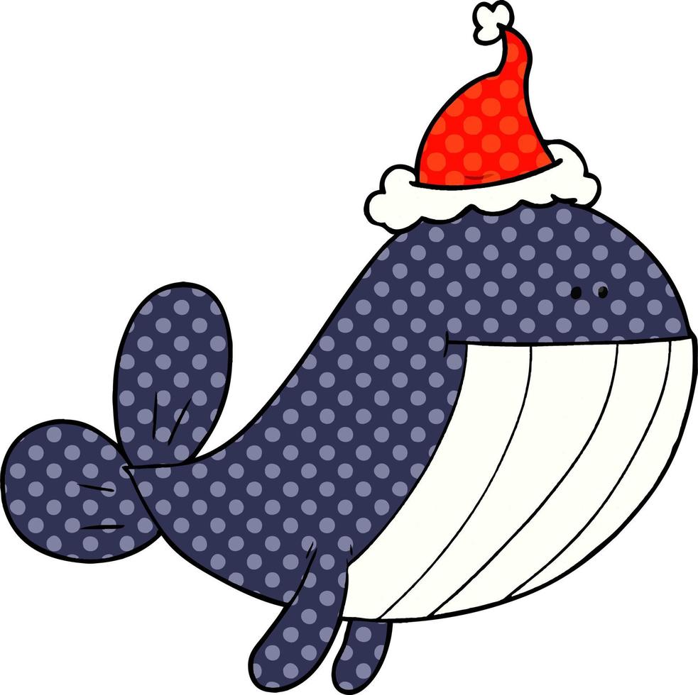 grappig boek stijl illustratie van een walvis vervelend de kerstman hoed vector