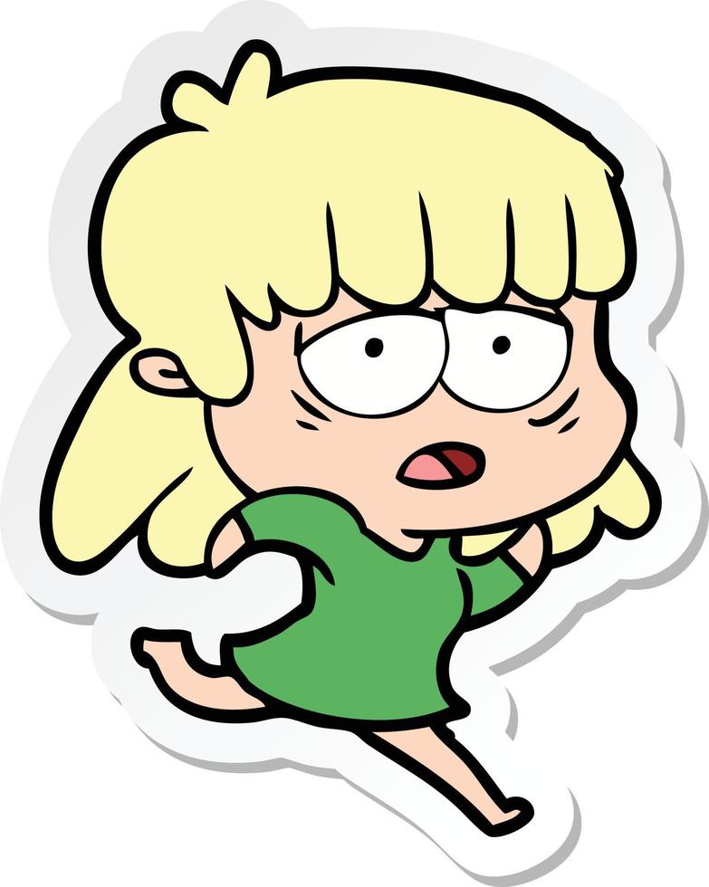 sticker van een cartoon vermoeide vrouw vector