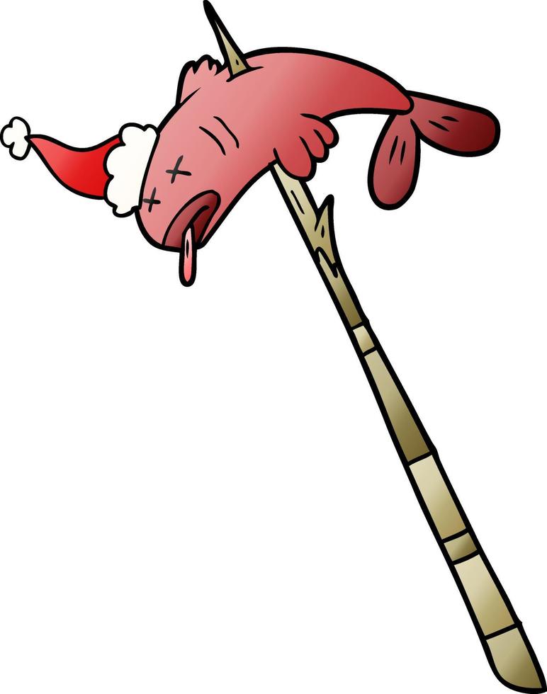 helling tekenfilm van een vis gespietst vervelend de kerstman hoed vector