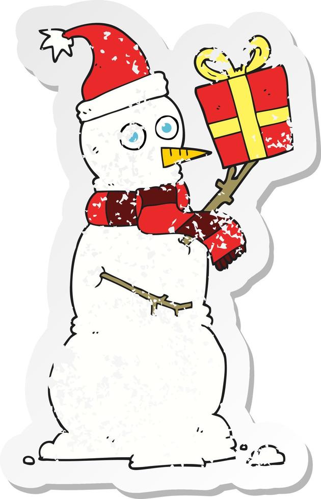 retro verontrust sticker van een tekenfilm sneeuwman Holding Cadeau vector