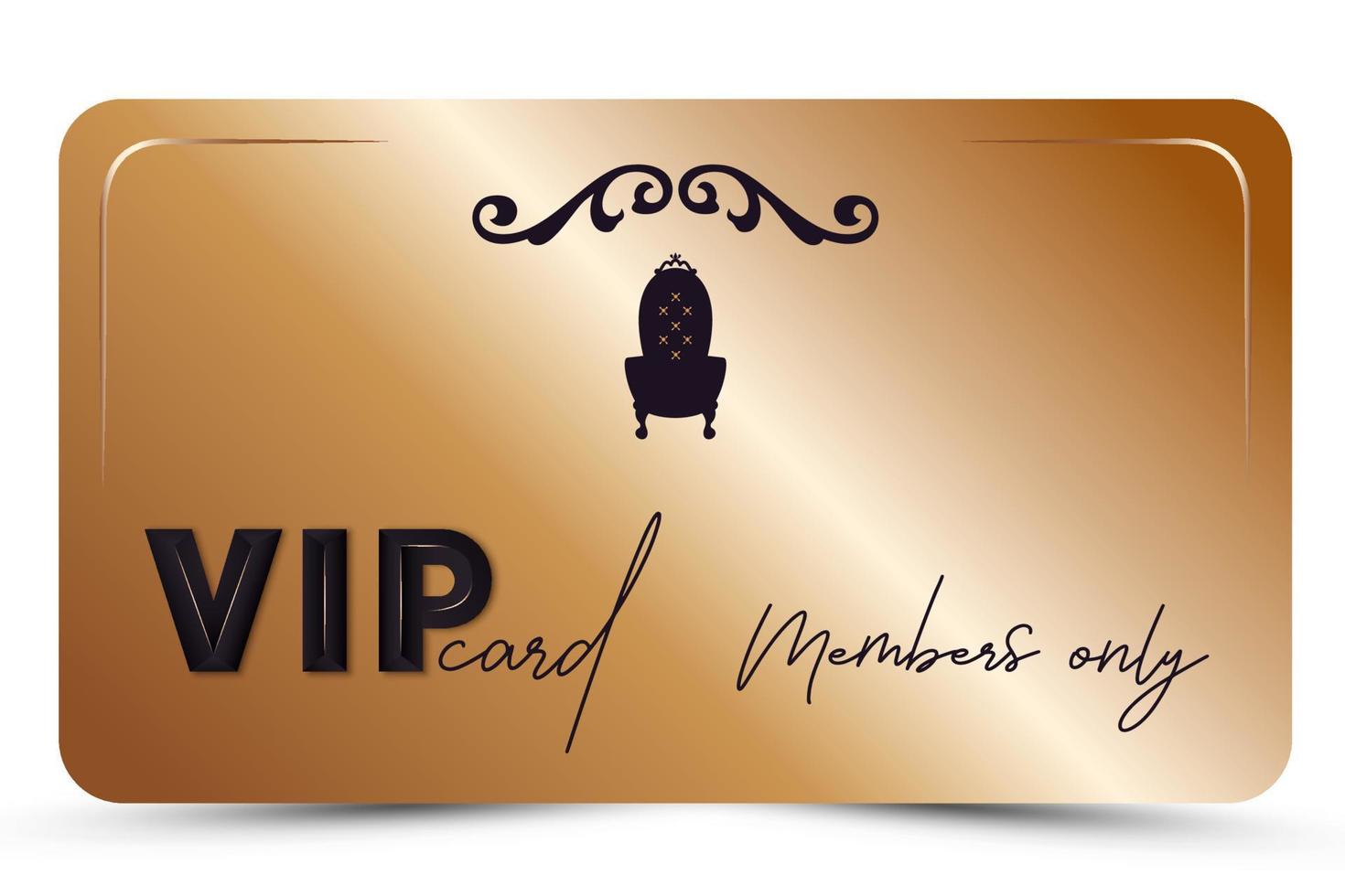 goud elegant vip kaart. modern bedrijf kaart voor leden enkel en alleen met 3d tekst, kroon, silhouet van wijnoogst troon. luxe achtergrond. vector illustratie voor loyaliteit, bonus kaart, geschenk certificaat