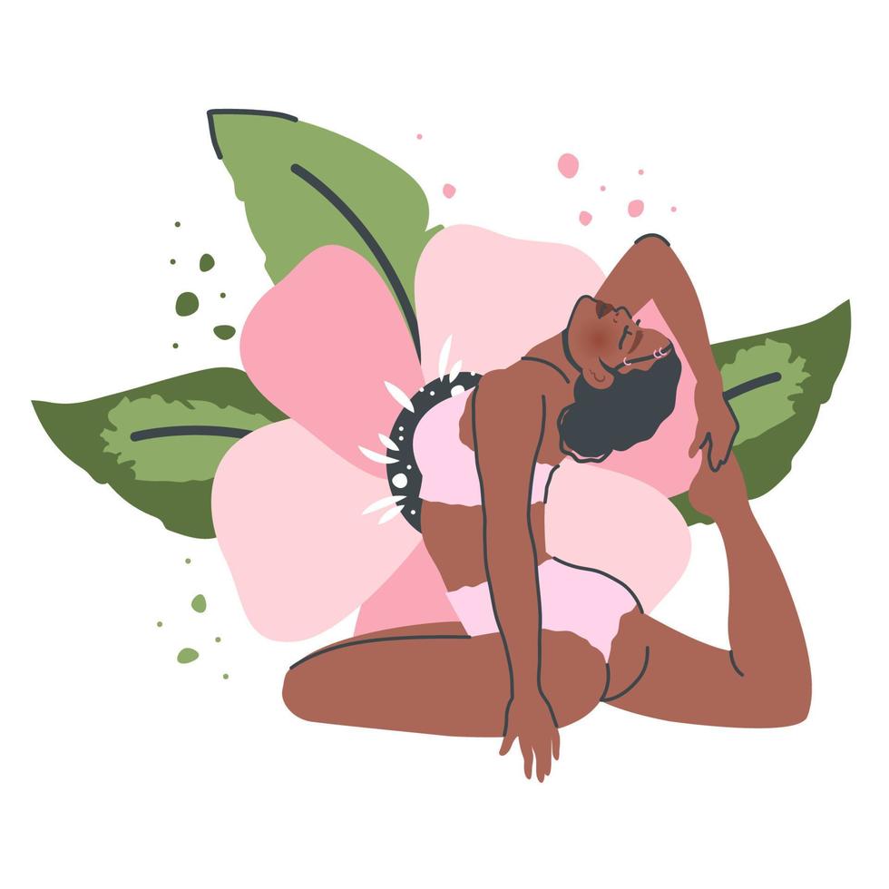 mooi yoga vrouw geïsoleerd Aan natuur achtergrond. jong zwart meisje in yoga houding strekt zich uit. meditatie en ademen oefening. vector vlak tekenfilm illustratie voor gezond levensstijl, sport