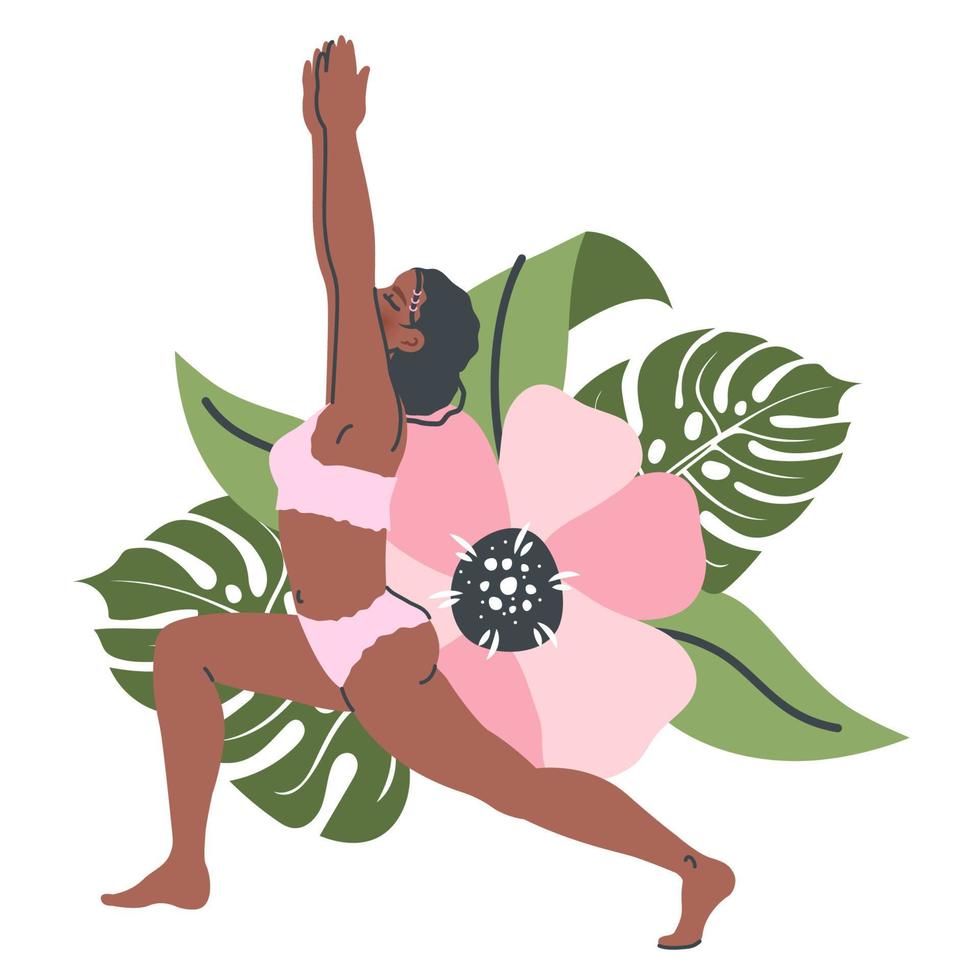 mooi yoga vrouw geïsoleerd Aan natuur achtergrond. jong zwart meisje in yoga houding strekt zich uit. meditatie en ademen oefening. vector vlak tekenfilm illustratie voor gezond levensstijl, sport