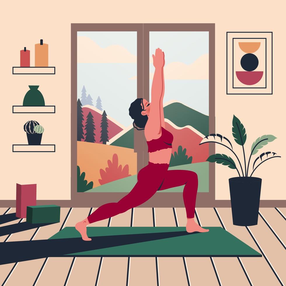 mooi yoga vrouw Bij huis. jong yoga meisje strekt zich uit binnen. vrouw karakter doet meditatie, ademen praktijk in kamer. interieur ontwerp. vector vlak tekenfilm illustratie van gezond levensstijl