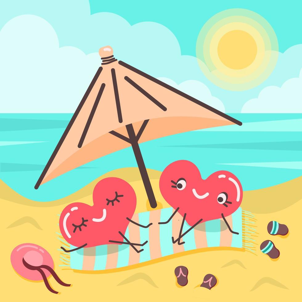 twee schattig harten in liefde zijn zittend Aan de strand onder de paraplu. romantisch tijd concept. reizen. paar in liefde. vector illustratie in tekenfilm stijl