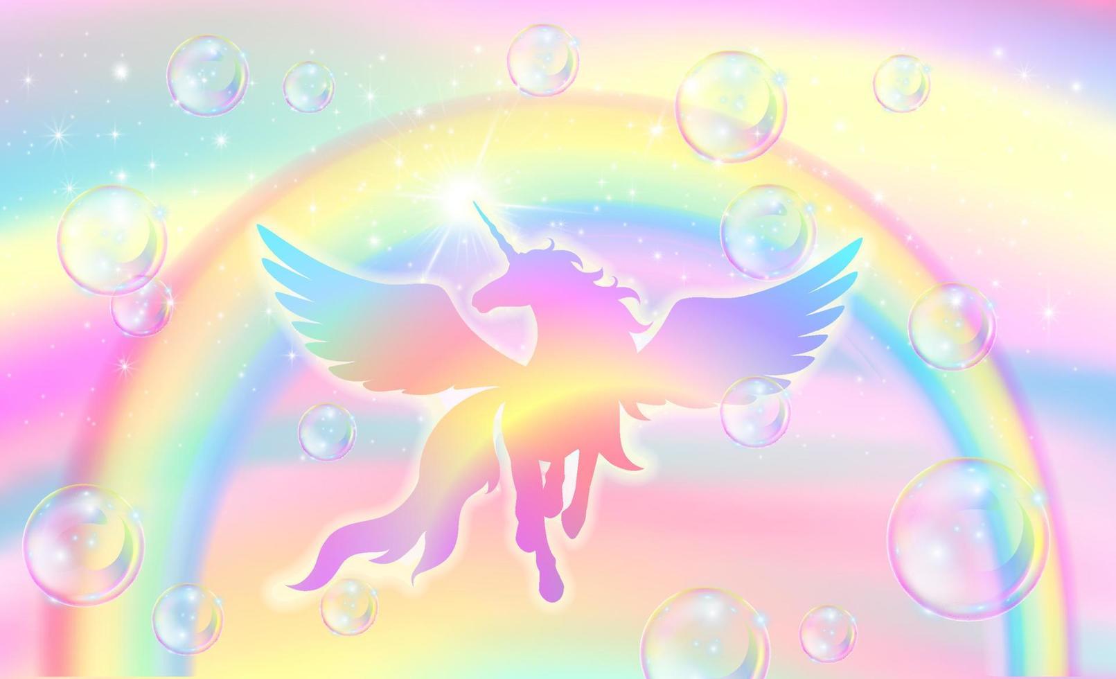 regenboog lucht achtergrond met vliegend bubbels en magie eenhoorn. vector