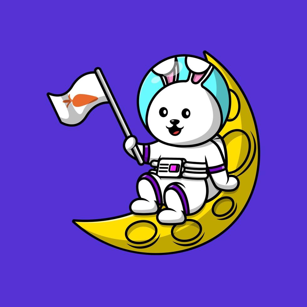 schattig konijn Holding wortel vlag Aan maan tekenfilm vector icoon illustratie. vlak tekenfilm concept