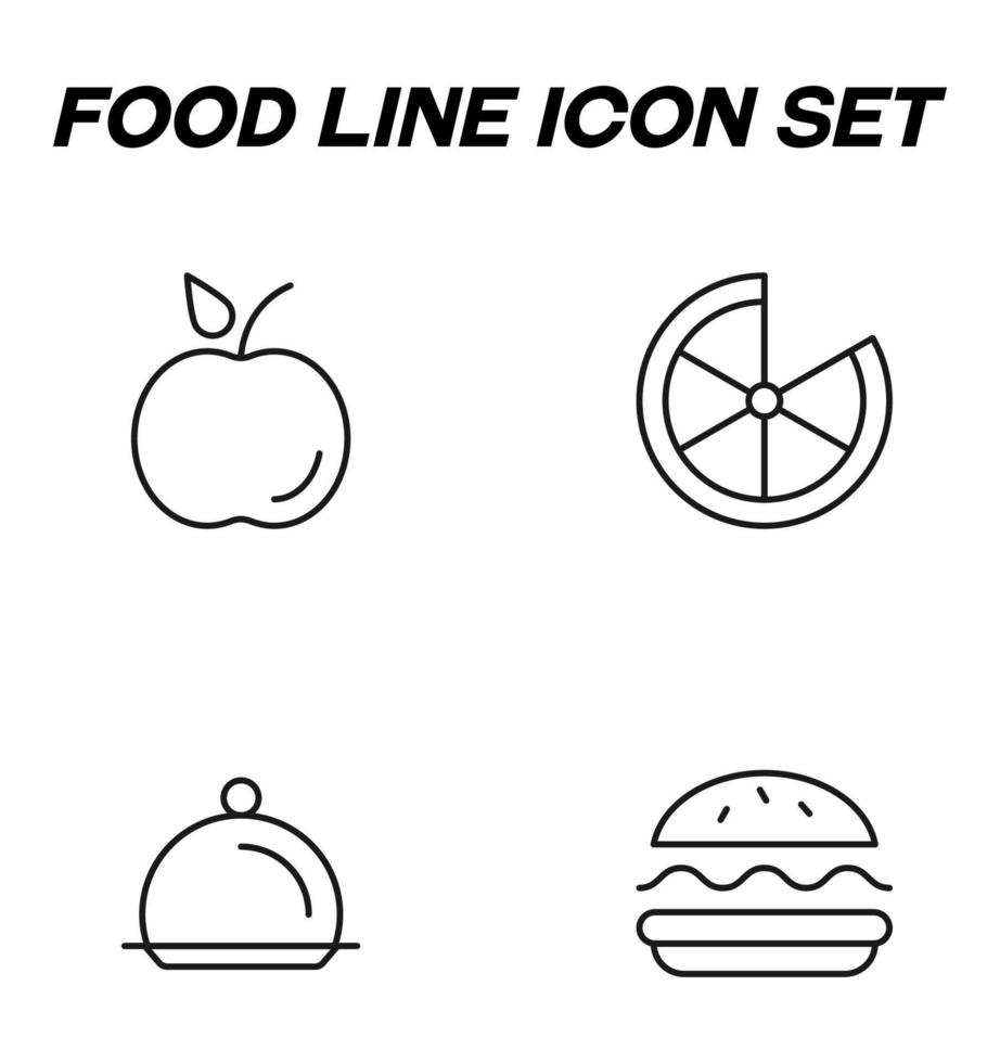 gemakkelijk monochroom tekens getrokken met zwart dun lijn. vector lijn icoon reeks met symbolen van appel, oranje, kom met stolp, Hamburger