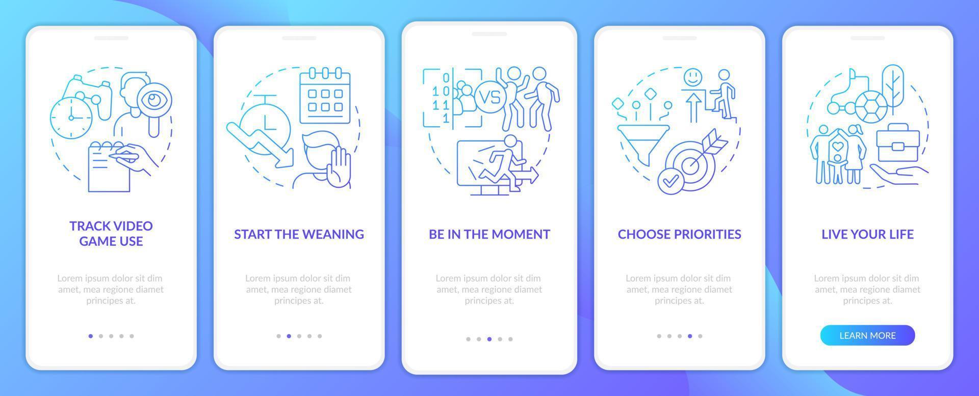 omgaan met gaming verslaving blauw helling onboarding mobiel app scherm. walkthrough 5 stappen grafisch instructies Pagina's met lineair concepten. ui, ux, gui sjabloon. vector