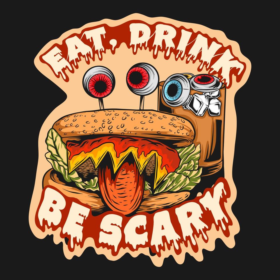 eten drinken worden eng, halloween t-shirt ontwerp, spookachtig halloween illustratie achtergrond vector