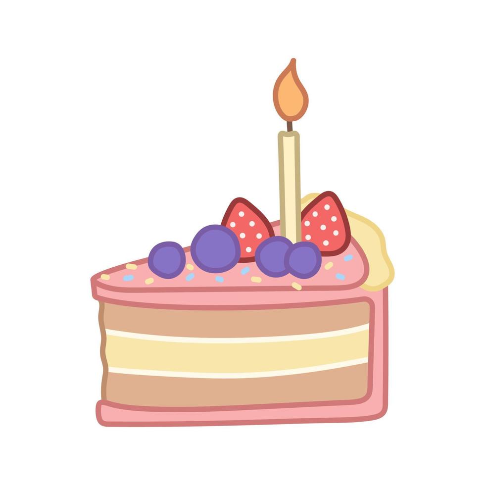 stuk van taart met roze room, aardbeien en kaars. vector illustratie geïsoleerd Aan wit achtergrond.
