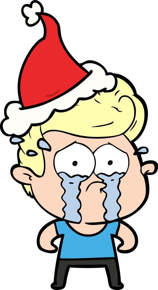 lijntekening van een huilende man met een kerstmuts vector