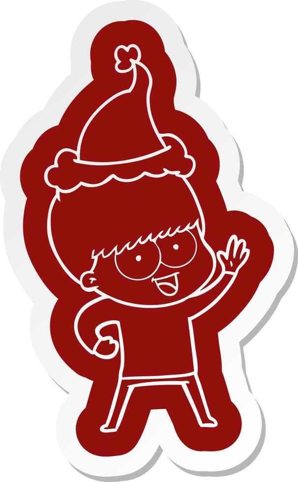 happy cartoon sticker van een jongen met een kerstmuts vector