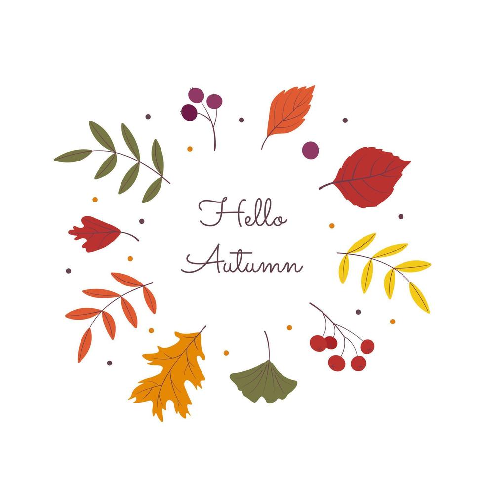 banier van de herfst seizoen. groet kaart met kleurrijk bladeren en de opschrift Hallo, herfst. achtergrond voor de herfst seizoen. vector illustratie.