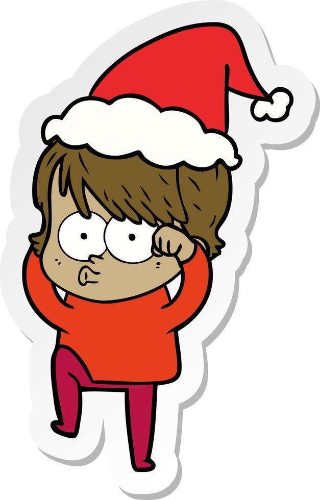 sticker cartoon van een vrouw die een kerstmuts draagt vector