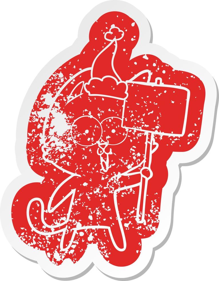 grappig tekenfilm verontrust sticker van een kat met teken vervelend de kerstman hoed vector