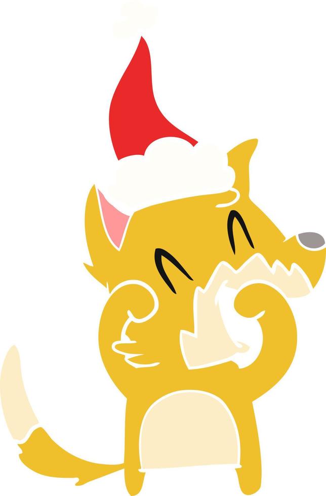 lachend vos vlak kleur illustratie van een vervelend de kerstman hoed vector