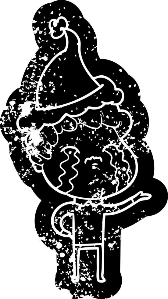 cartoon noodlijdende icoon van een huilende man met een kerstmuts vector
