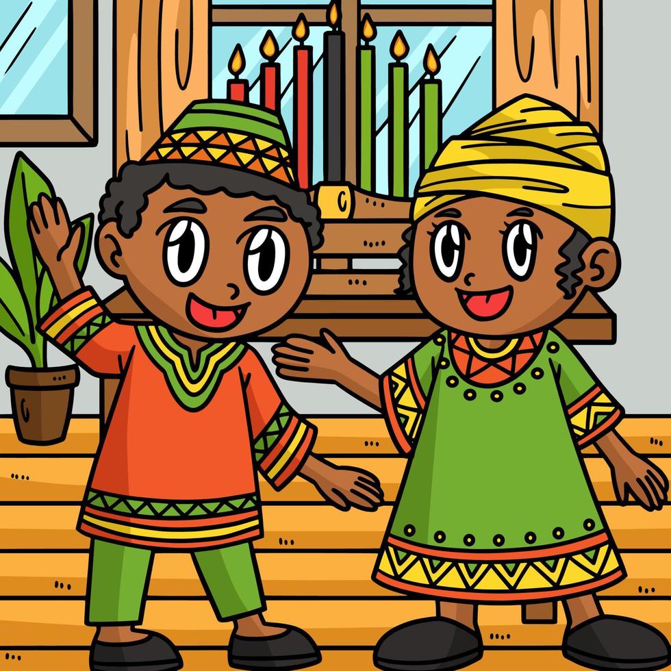 kwanzaa kinderen en kinara gekleurde tekenfilm vector