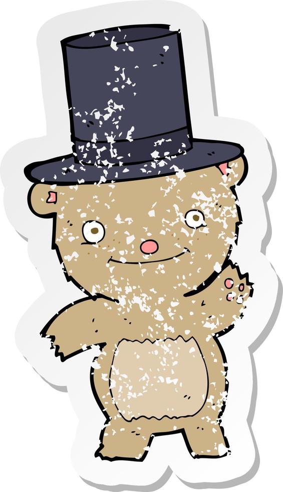 retro verontrust sticker van een tekenfilm beer in top hoed vector
