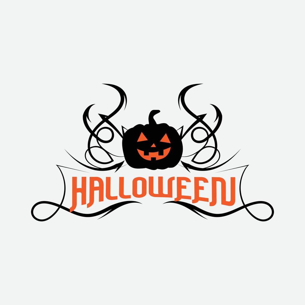 gelukkig halloween partij titel logo sjabloon met onheil pompoen vorm vector