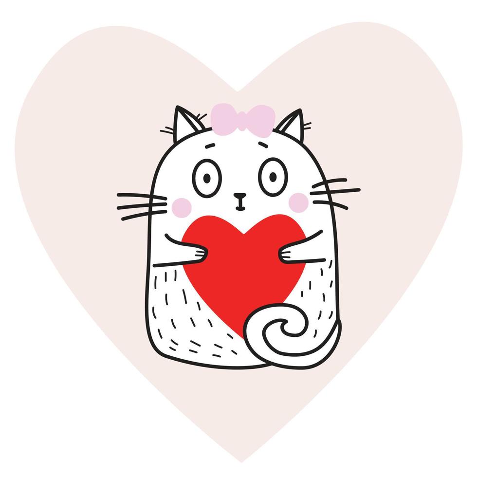 schattig grappig wit kat meisje met een rood hart in haar poten Aan de achtergrond van een roze hart. vector illustratie. schattig dier voor ontwerp, decoratie, valentijnsdag dag kaarten.