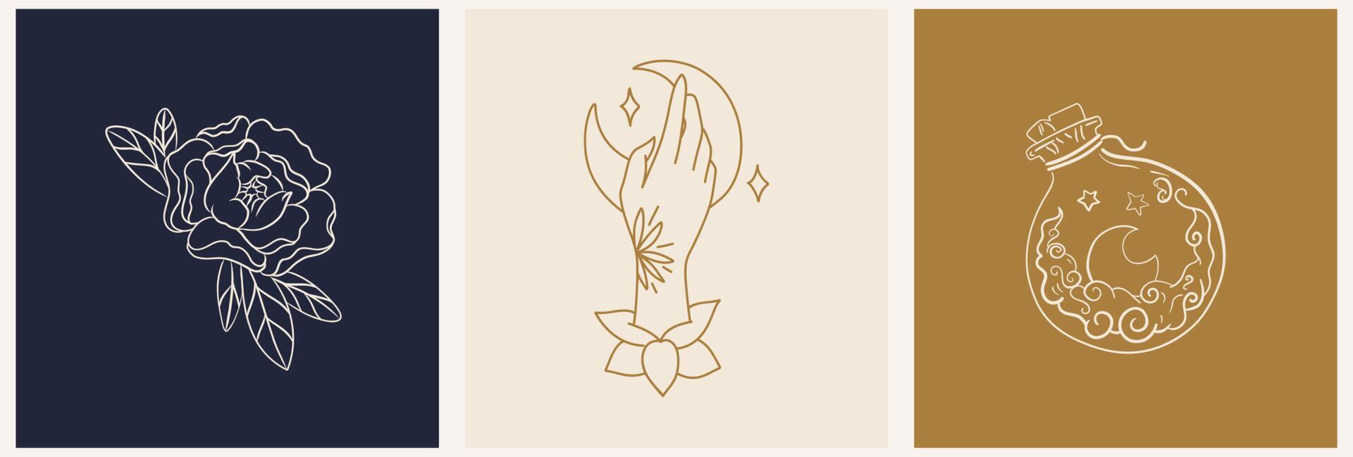 een reeks van mystiek Sjablonen voor een logo en ansichtkaarten met een toverdrank, een hand- en een roos. dageraad met bloemen - luxe en sieraden concepten voor exclusief Diensten en producten, schoonheid en spa industrie vector