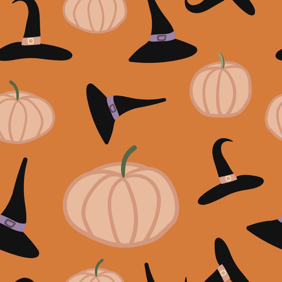 heks hoed en pompoen halloween naadloos patroon Aan oranje achtergrond vector