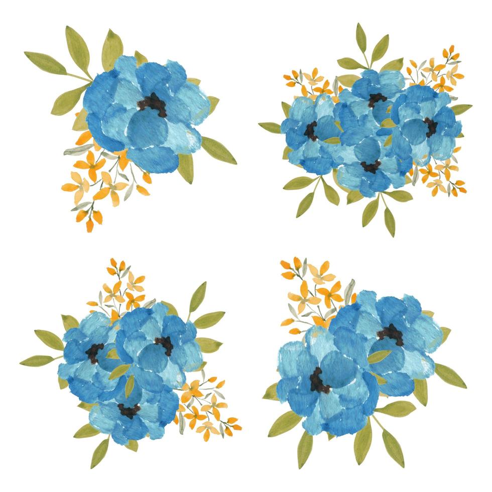 aquarel handgeschilderde blauwe bloemboeket boeket set vector