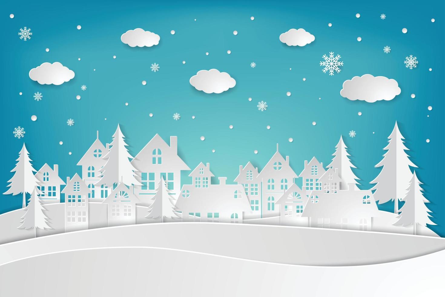 sneeuw stedelijk platteland landschap stad dorp. papier kunst en ambacht stijl. illustrator vector eps 10.