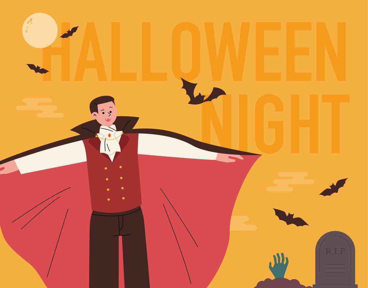 een halloween poster met een vampier klapperen haar mantel. vlak ontwerp stijl vector illustratie.