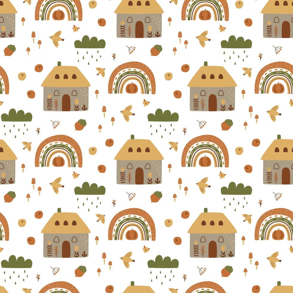 herfst dorp patroon. schattig vallen huizen, regenboog, wolk, pompoen, oogst elementen, tuin landschap vector illustratie. herfst platteland huisje. vallen huizen naadloos patroon, dorp achtergrond.