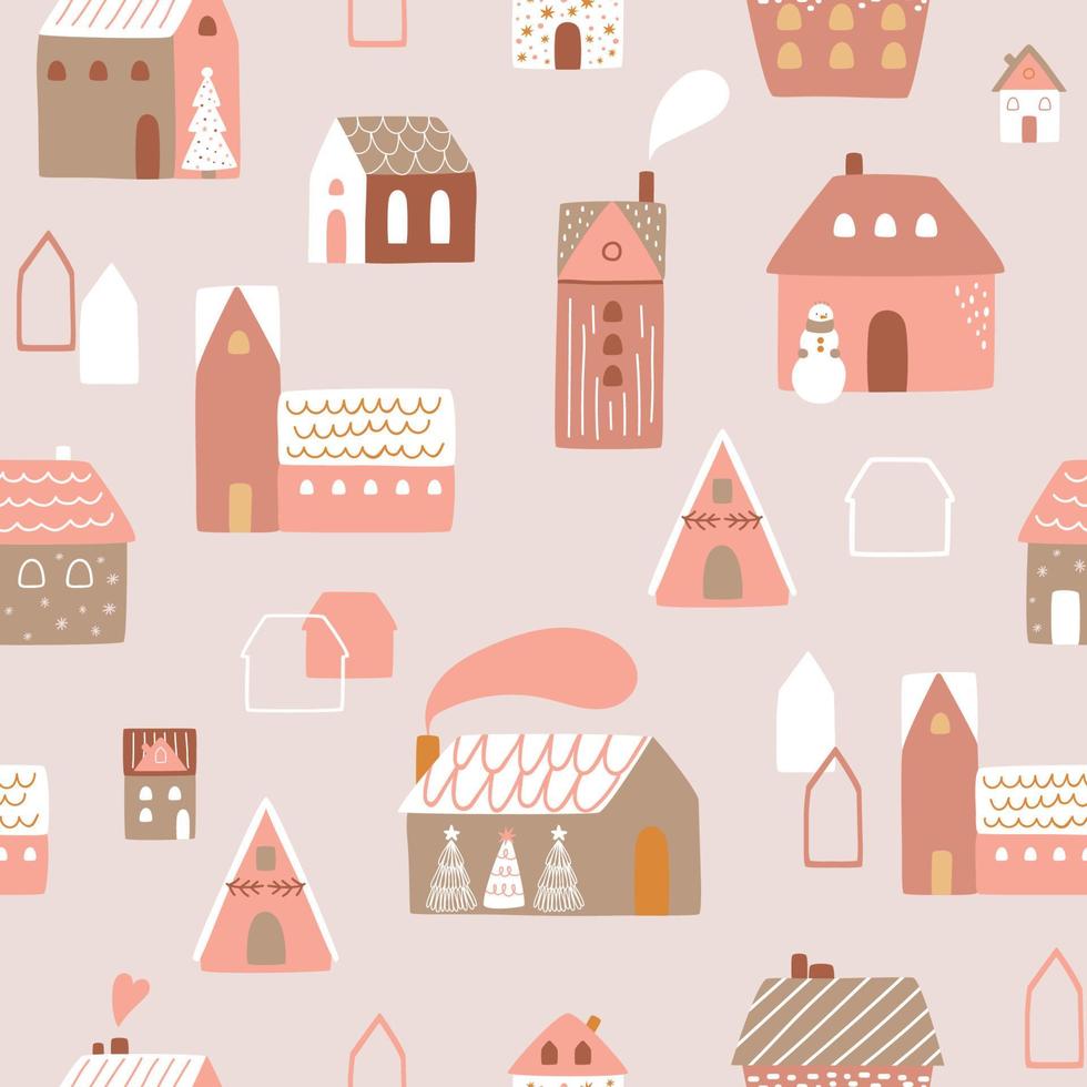 roze Kerstmis huizen patroon. schattig boho Kerstmis huizen pastel winter achtergrond nieuw jaar dorp textiel ontwerp. Kerstmis stad vector illustratie. hand- getrokken stad- landschap behang roze kleding stof.